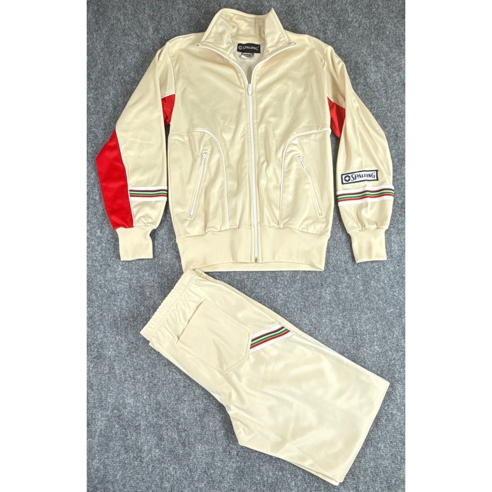 Spalding Vintage Retro Tracksuit Mens Small Cream Full Zip Jacket Pant Set